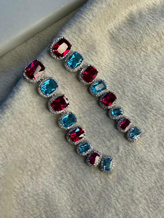 Red and Aqua Stones Luxury Party Wedding Rhodium Silver Plating Earrings