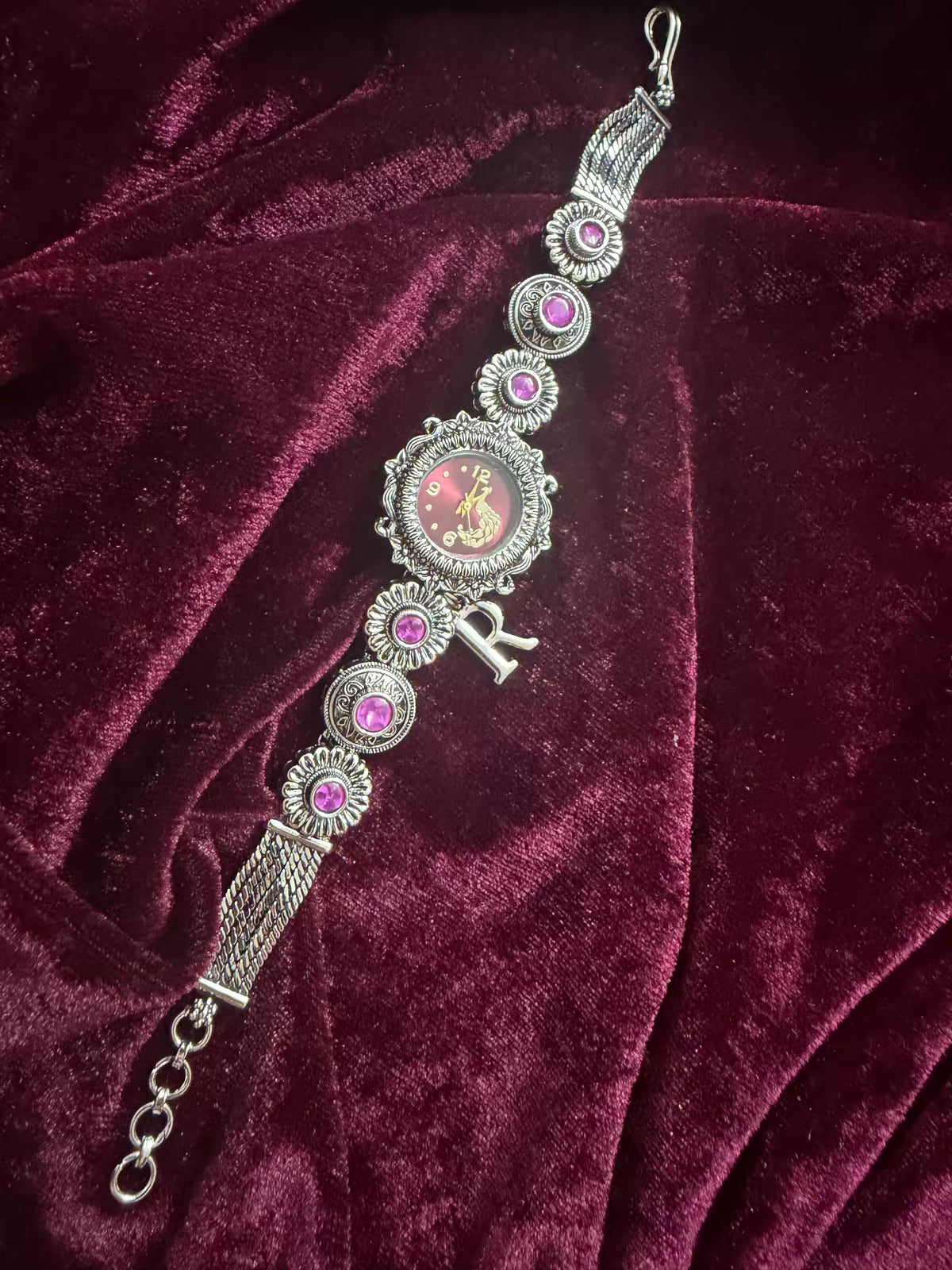 Royal Gulab Inspired Silver-Tone Navratri Oxidised Heritage Watch