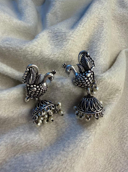 Peacock Pearl Jhumka Oxidised Silver Earrings