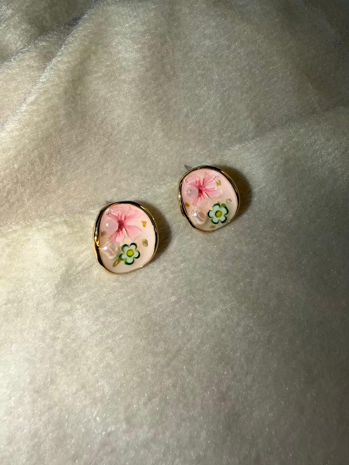 Pink Floral Resin Stud Gold Plated Earrings