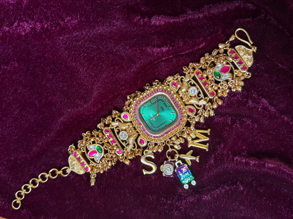 Emerald Green Stone Pink Halo Square Dial Maharani Watch Bracelet