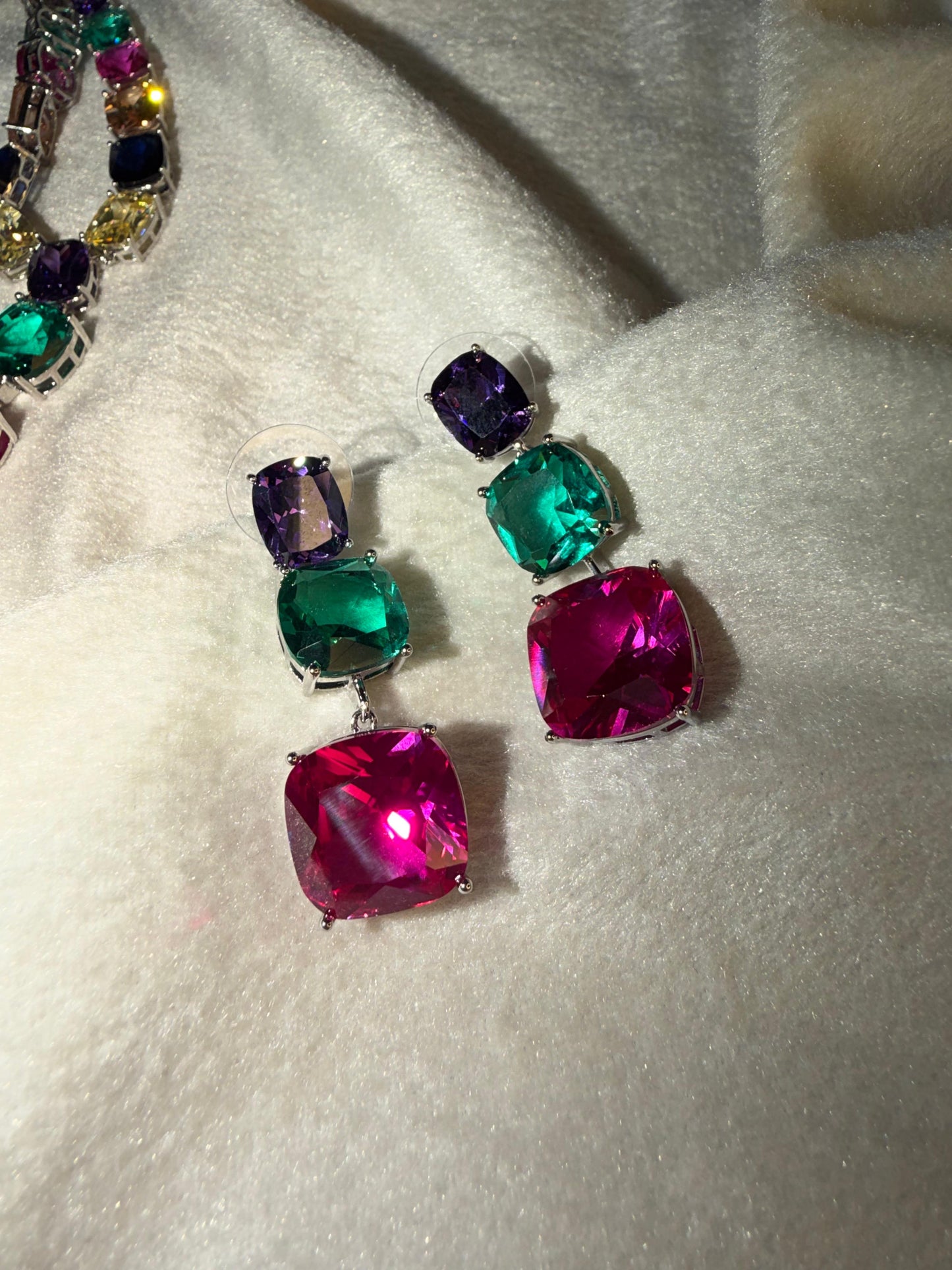 Multicoloured Rhodium Silver Ruby Green Amethyst Necklace Set with Dangling Earrings