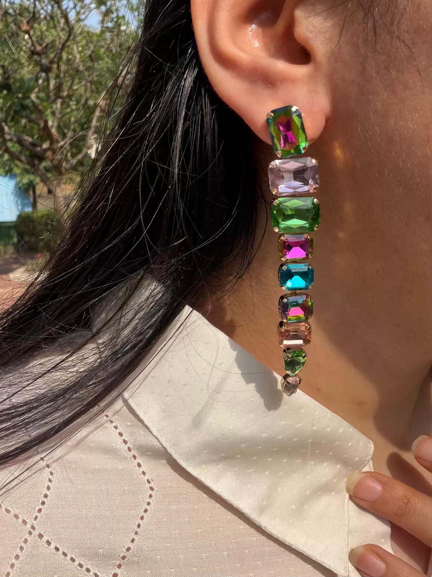 Long multicolour gold plated earrings