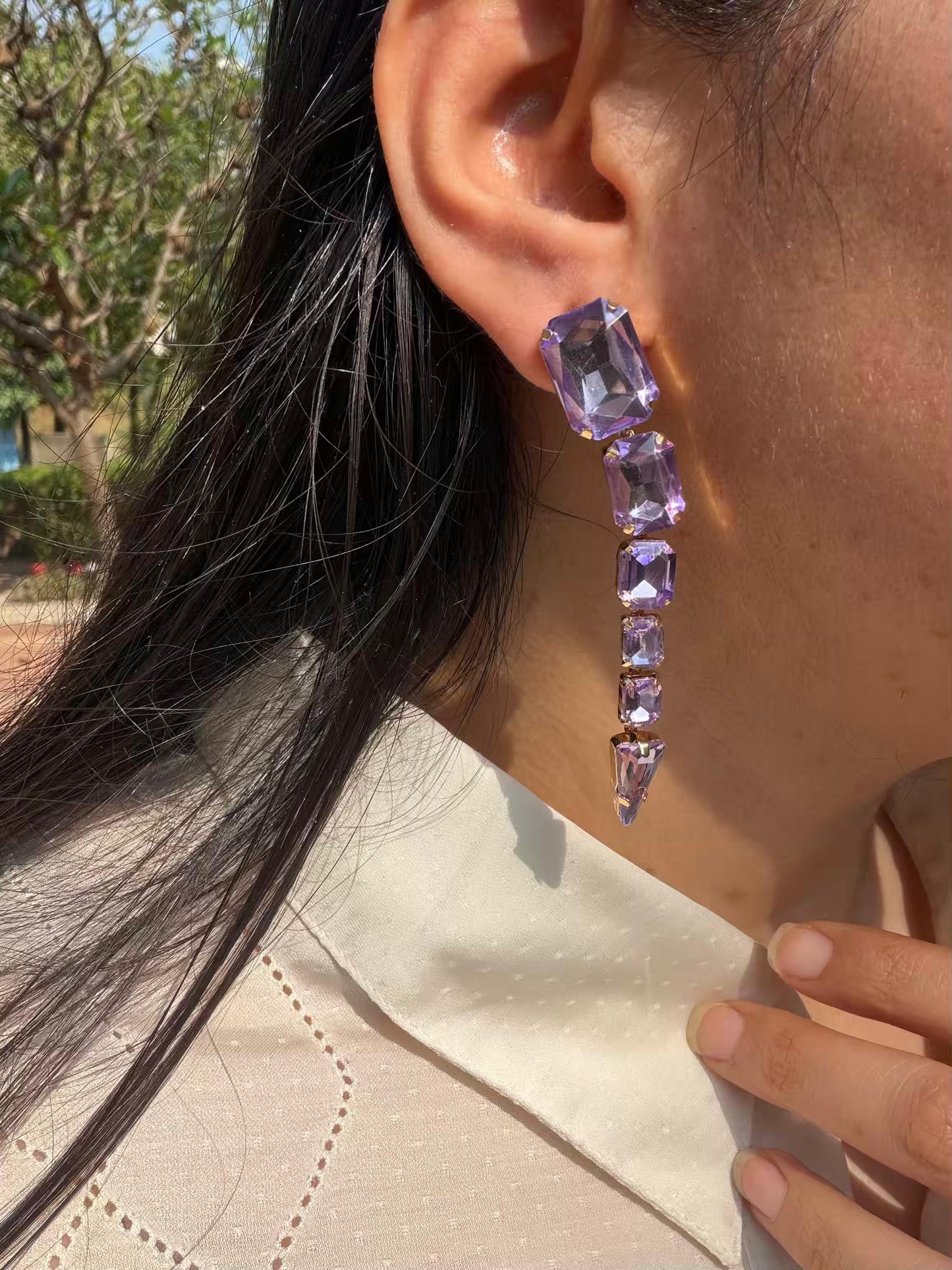 Purple Square Stones Long Gold Plated Earrings