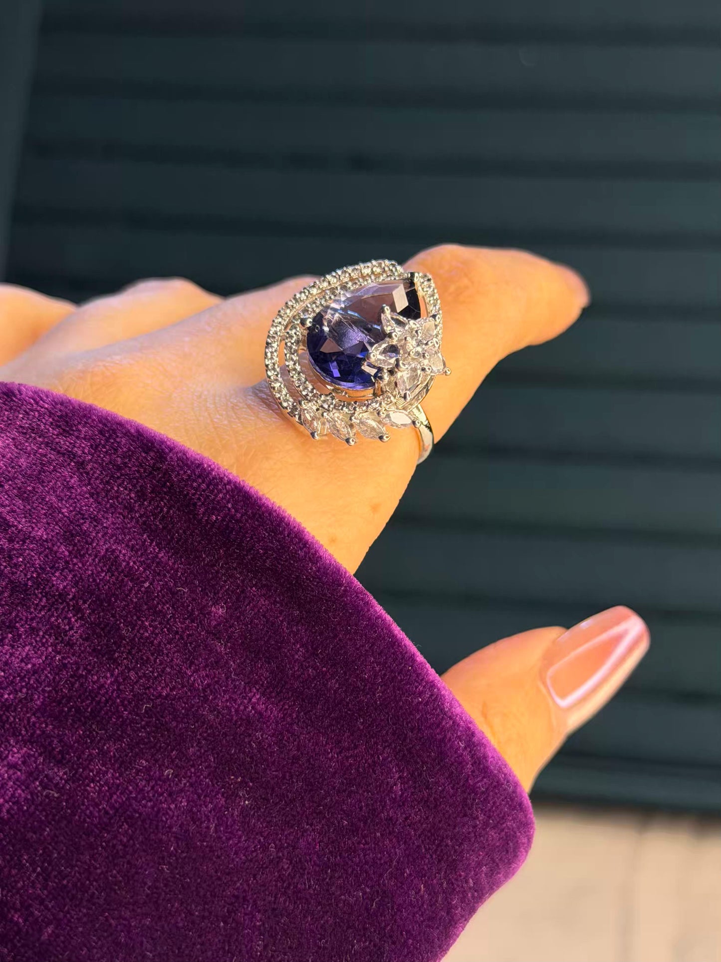 Purple Crystal Floral Silver Plated Premium Ring (Adjustable)