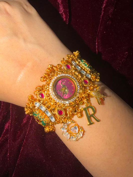 Moon Airplane Heritage Meenakari Watch Rakhi in Premium Swarovski (Free Initial)