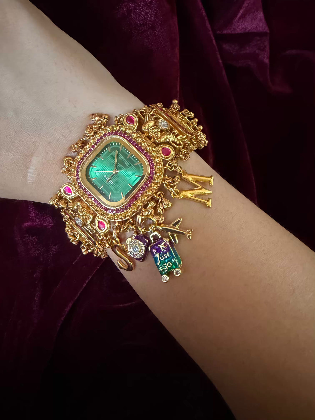Emerald Green Stone Pink Halo Square Dial Maharani Watch Bracelet