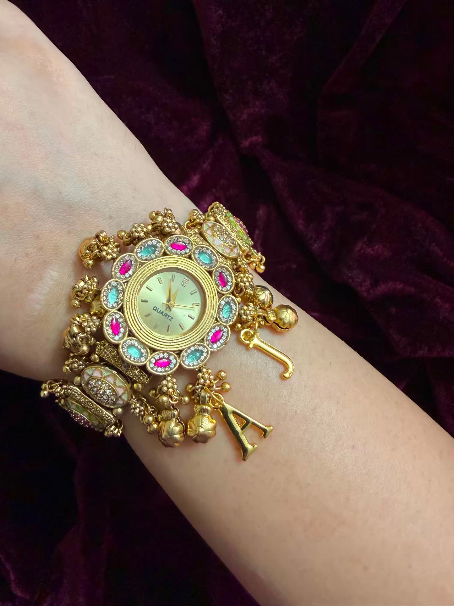 Ghungroo Pink Green Maharani Watch ( Customise Free Initial )( Random side strap colour)