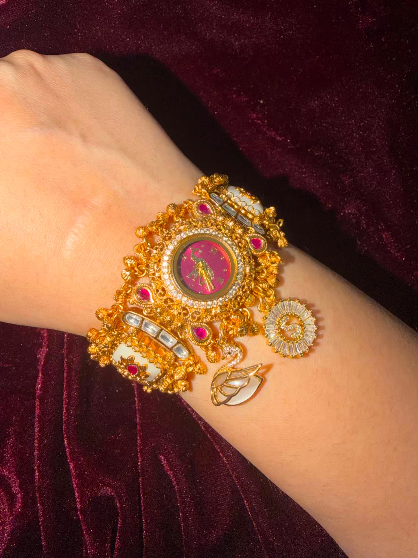 Swan S Burgundy Elephant Heritage Watch Rakhi in Premium Swarovski (Free Initial)