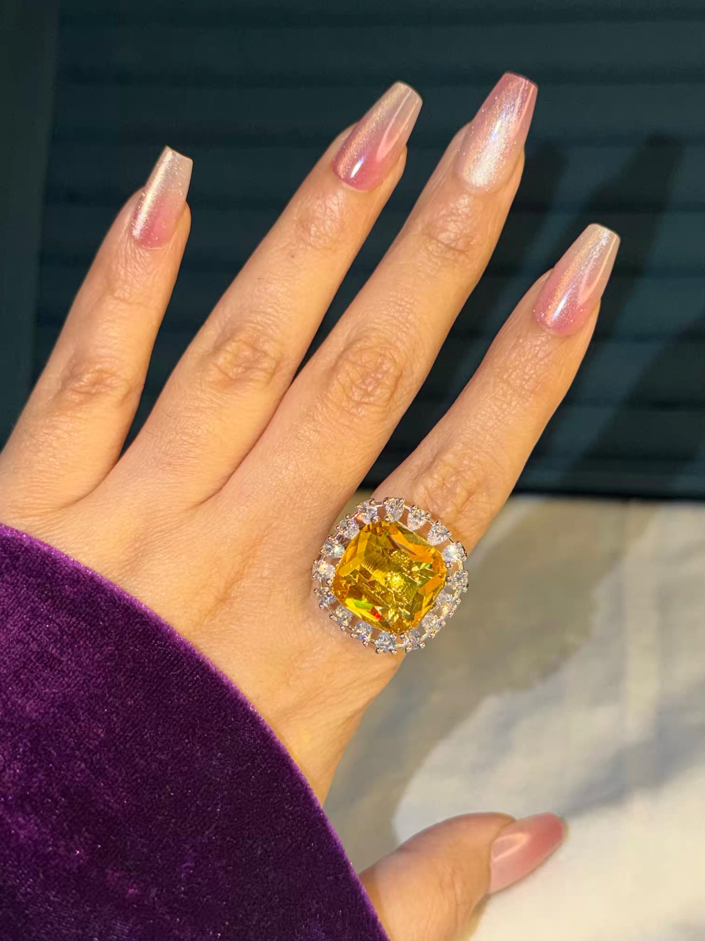 Golden Square Big Statement Silver Plated Premium Ring (Adjustable)