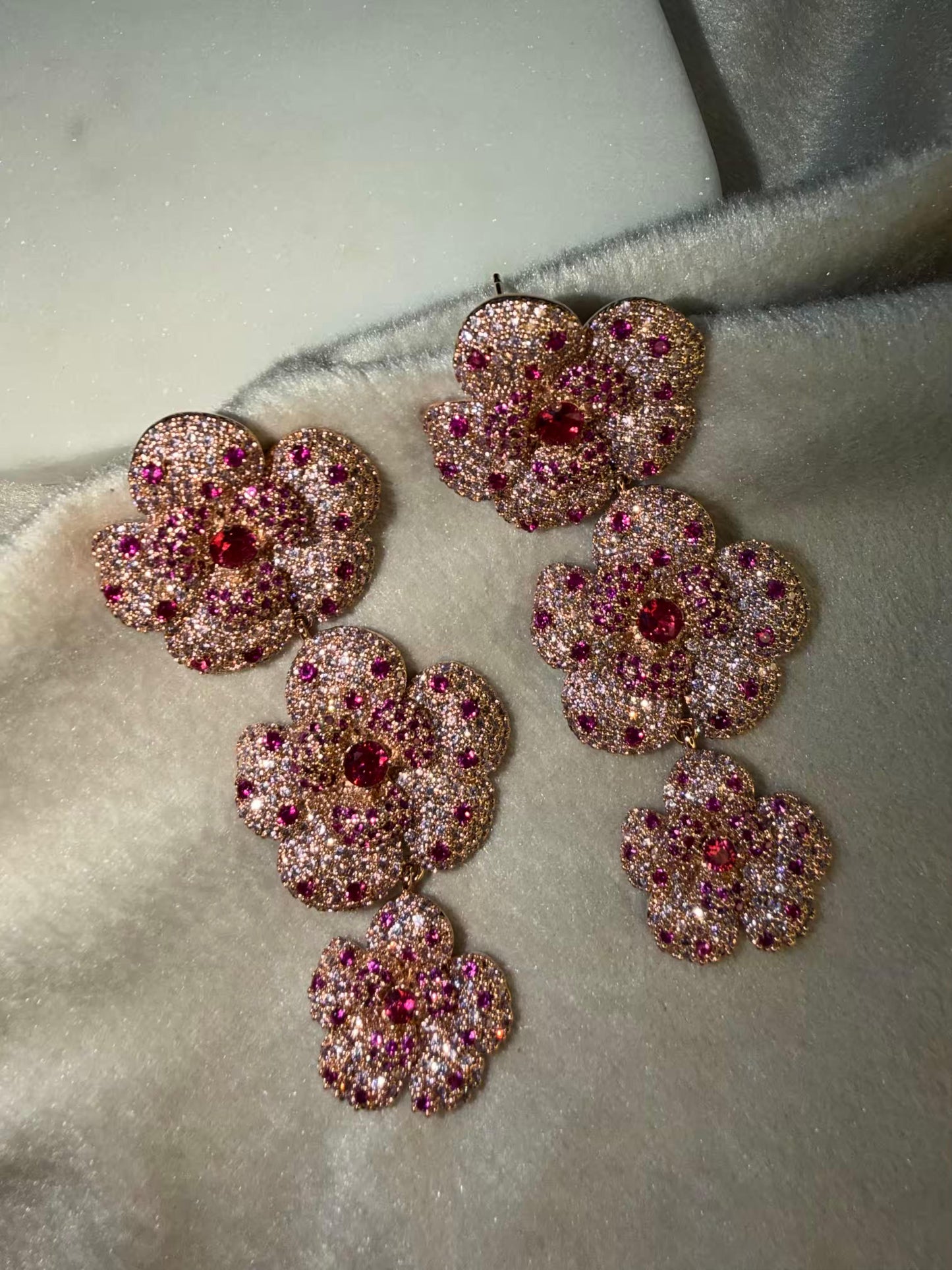 Pink Ruby Crystal Luxury Party Wedding Rhodium Gold Plating Earrings