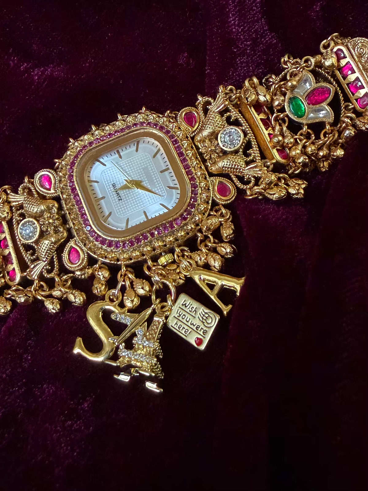 Ruby Charm Pink Stone Square Dial Maharani Watch Bracelet