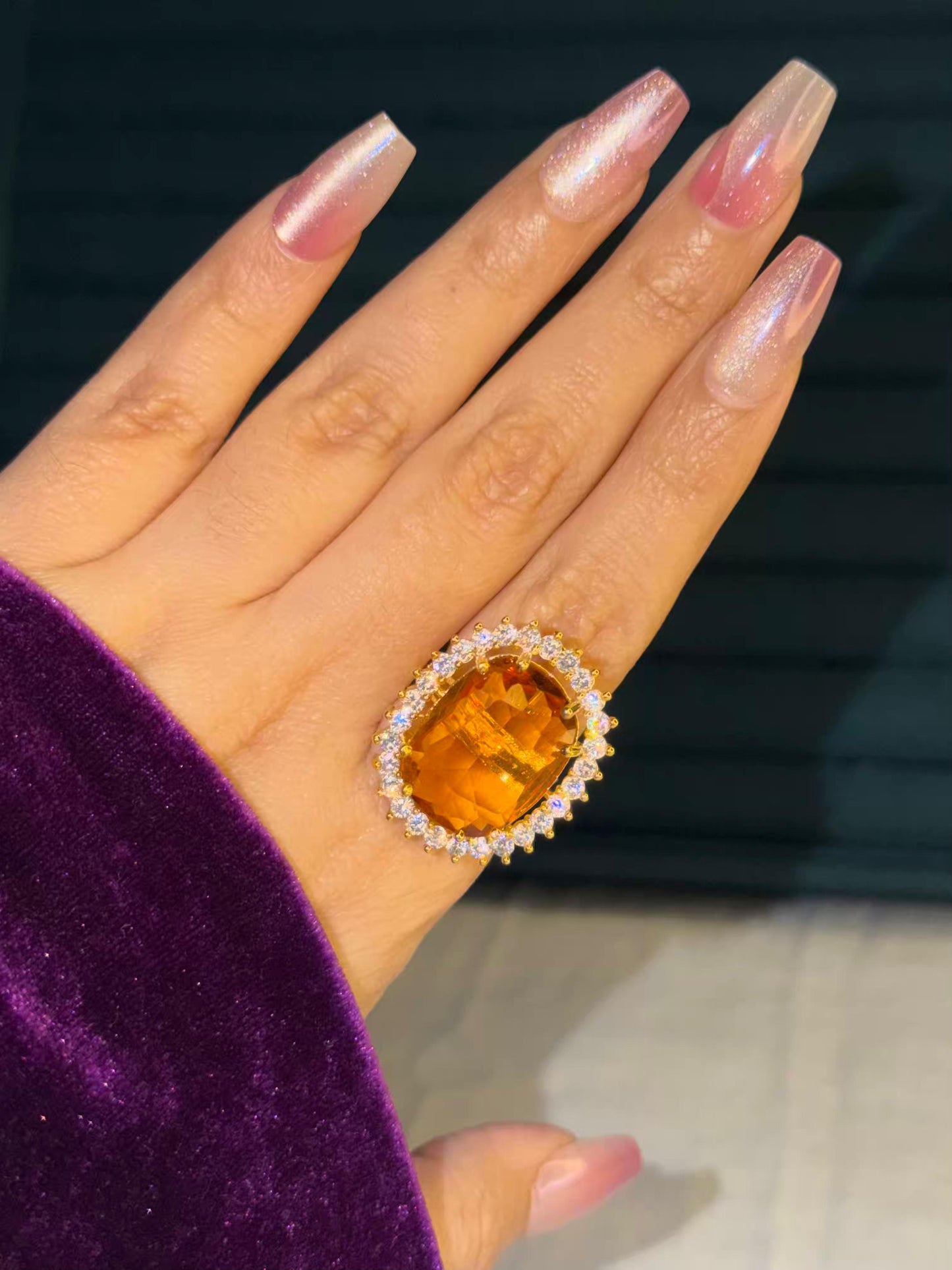 Yellow Big Stone Stetment Gold Plated Premium Ring (Adjustable)