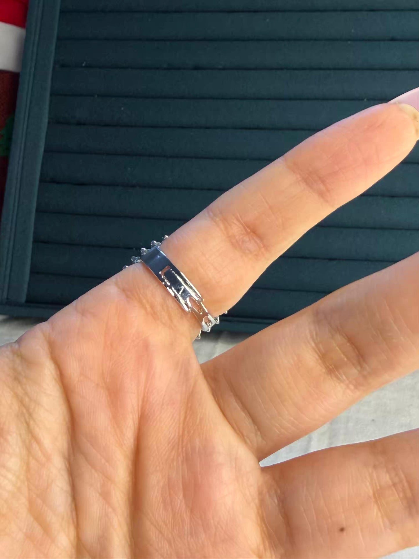 Green Square Diamond Edge Statement Silver Plated Premium Ring (Adjustable)