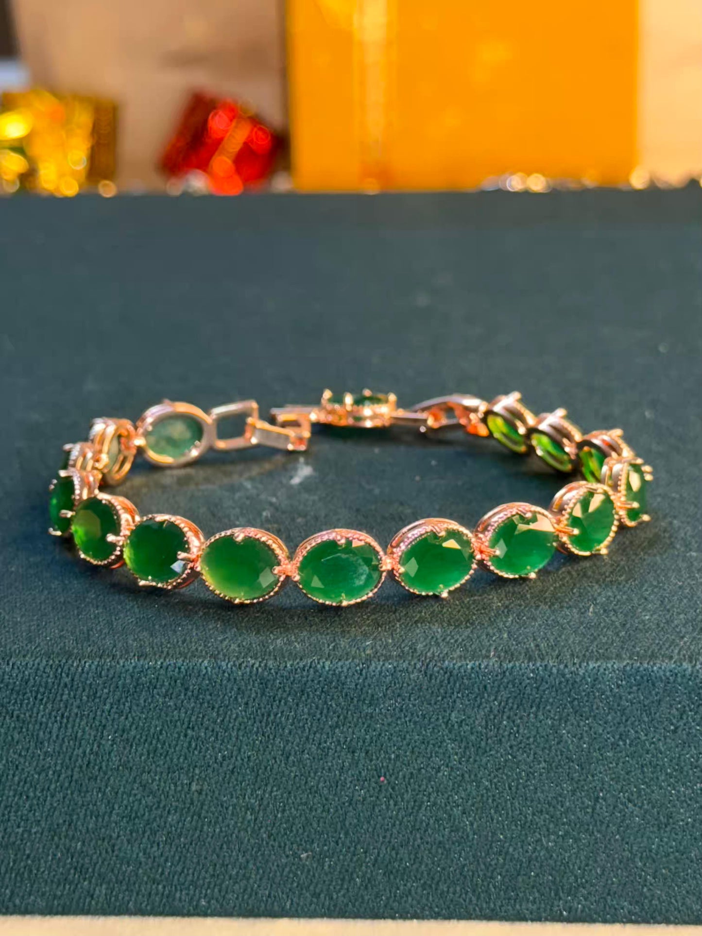 Emerald Green Oval Gold Plated Tennis Bracelet