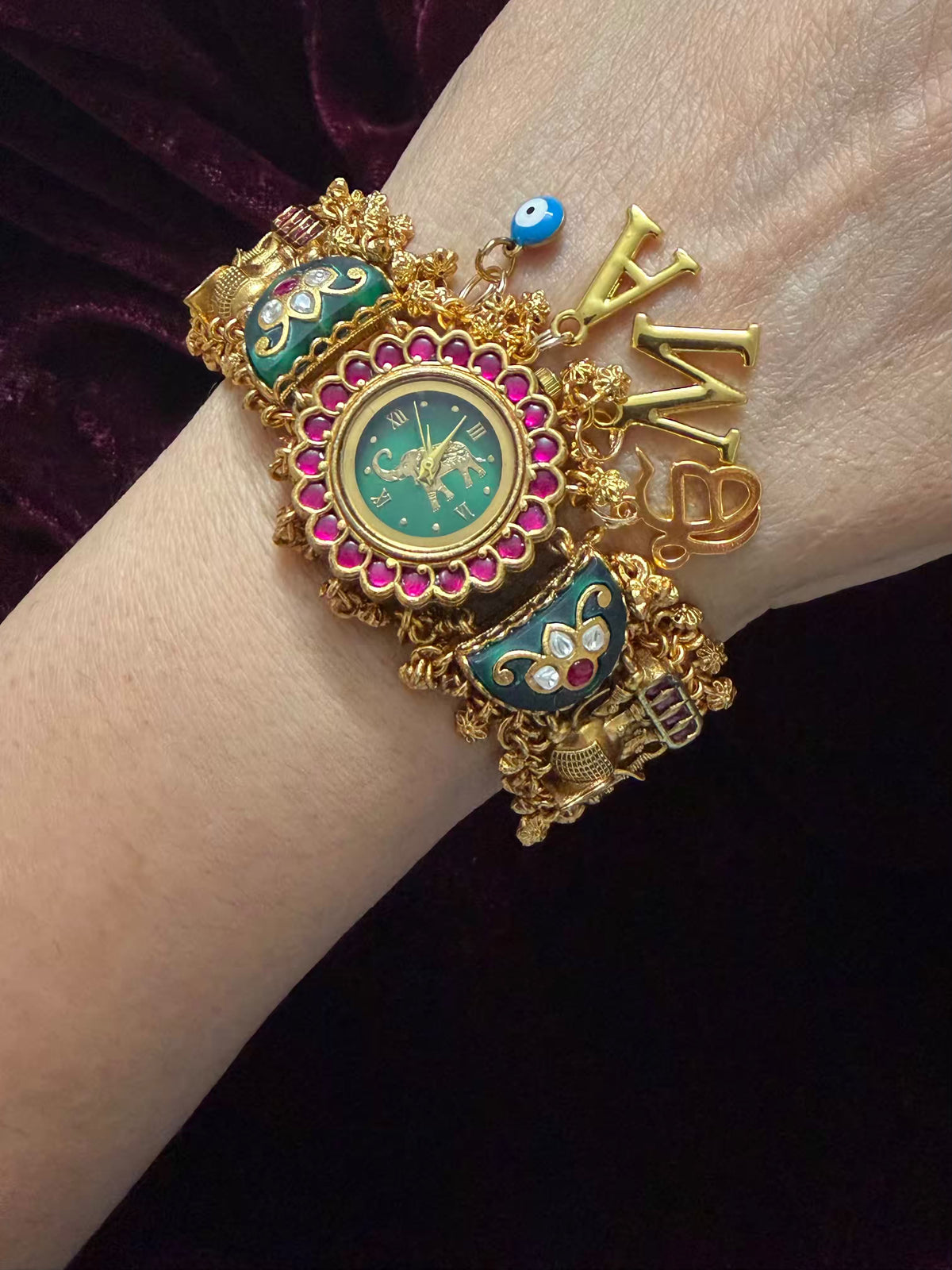 Emerald Green Ruby Halo Round Dial Evil Eye Charm Heritage Maharani Watch Bracelet