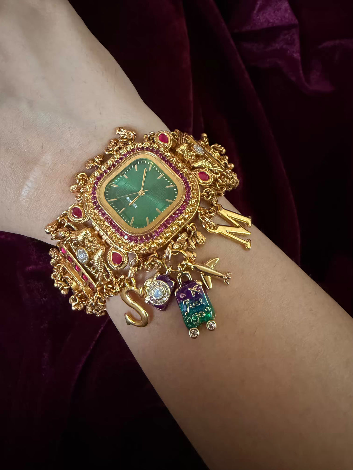 Emerald Green Stone Pink Halo Square Dial Maharani Watch Bracelet
