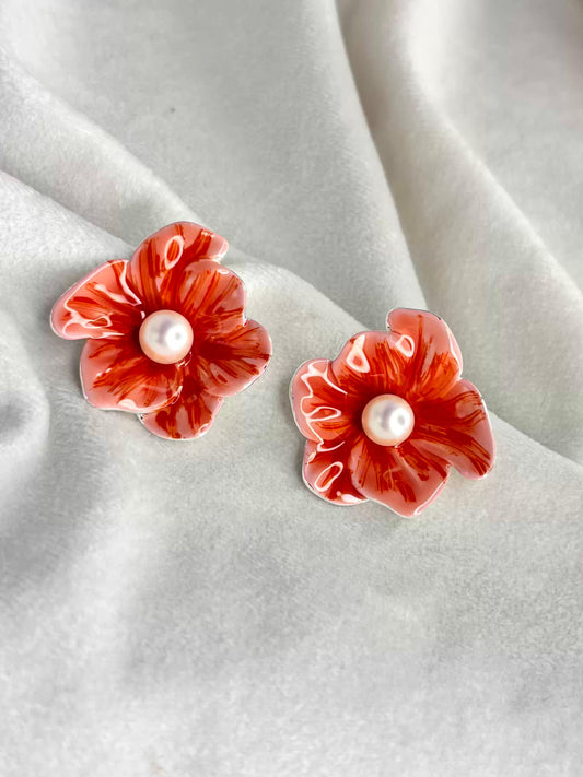 Orange Flora Ear Studds 18K Gold Plated Premium Earrings