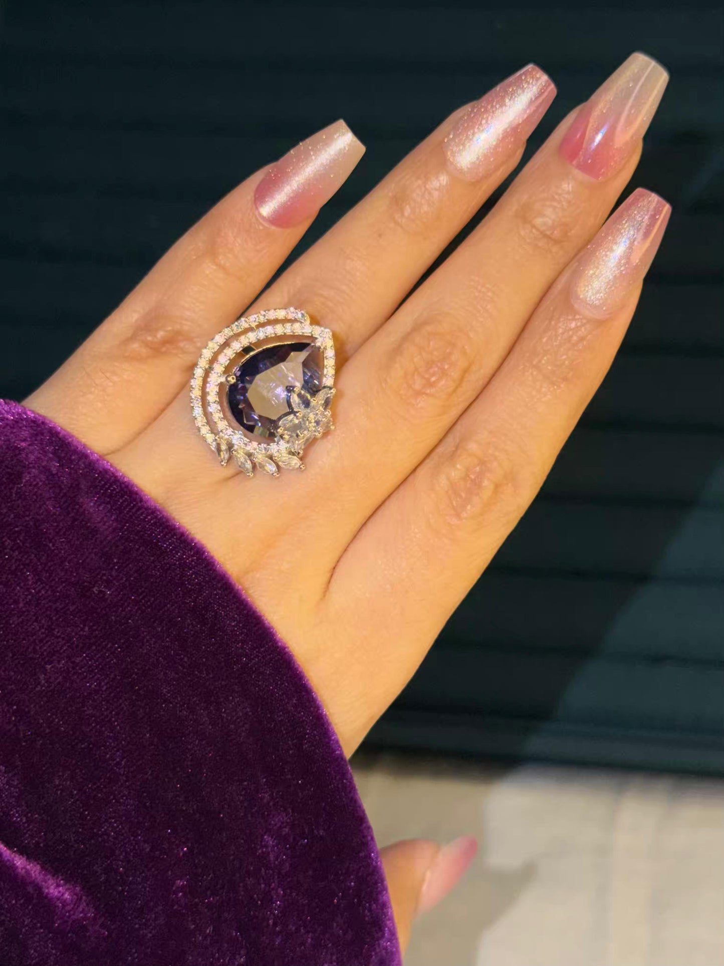 Purple Crystal Floral Silver Plated Premium Ring (Adjustable)