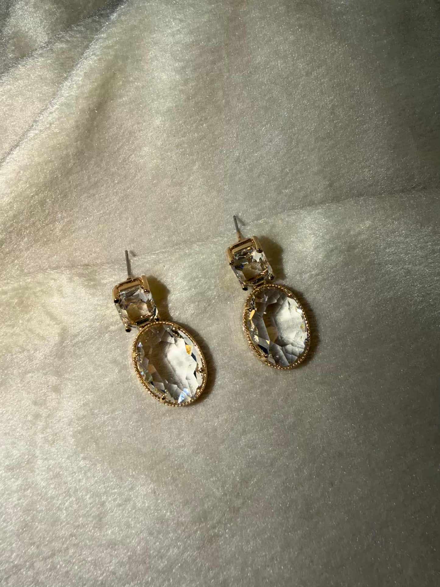 Clear Crystal Oval Drop Gold Plated Earrings