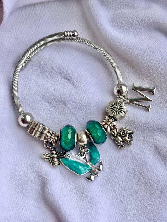Pandora Charms Green Flutter Bracelet With Customised Initial  ( Silver )