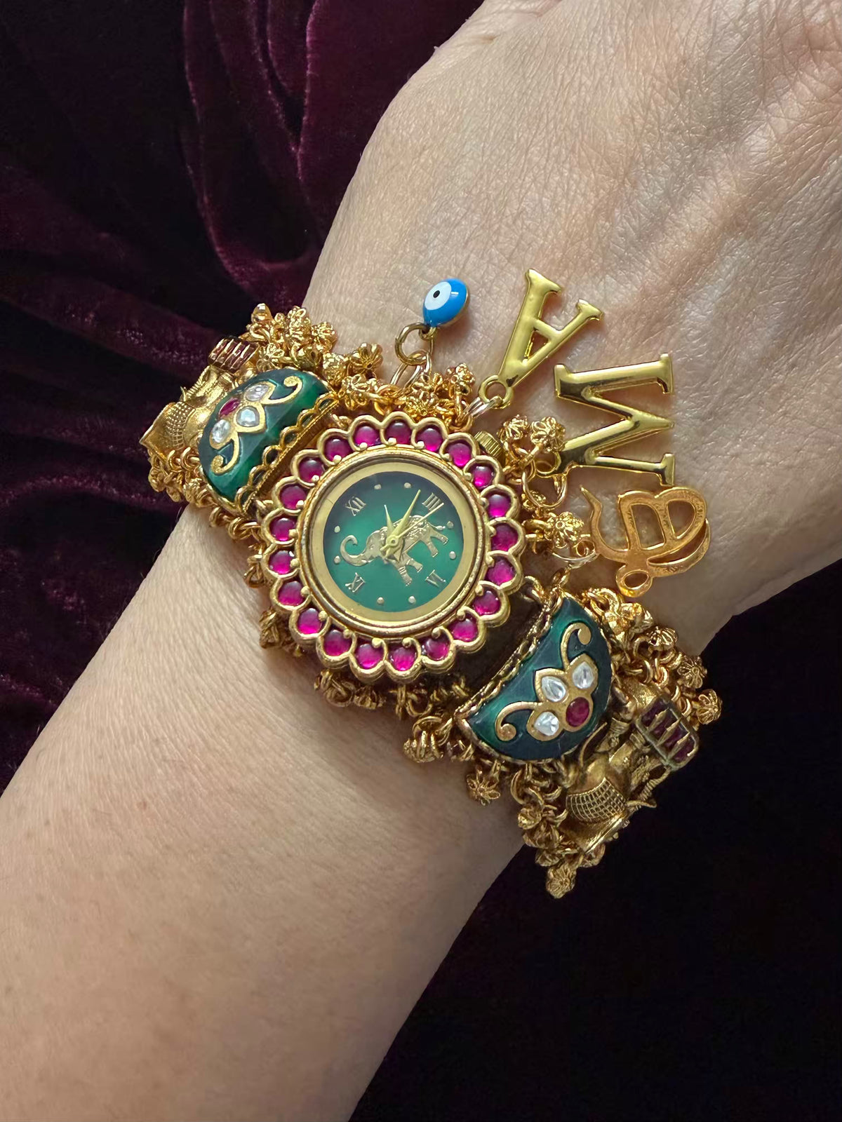 Emerald Green Ruby Halo Round Dial Evil Eye Charm Heritage Maharani Watch Bracelet