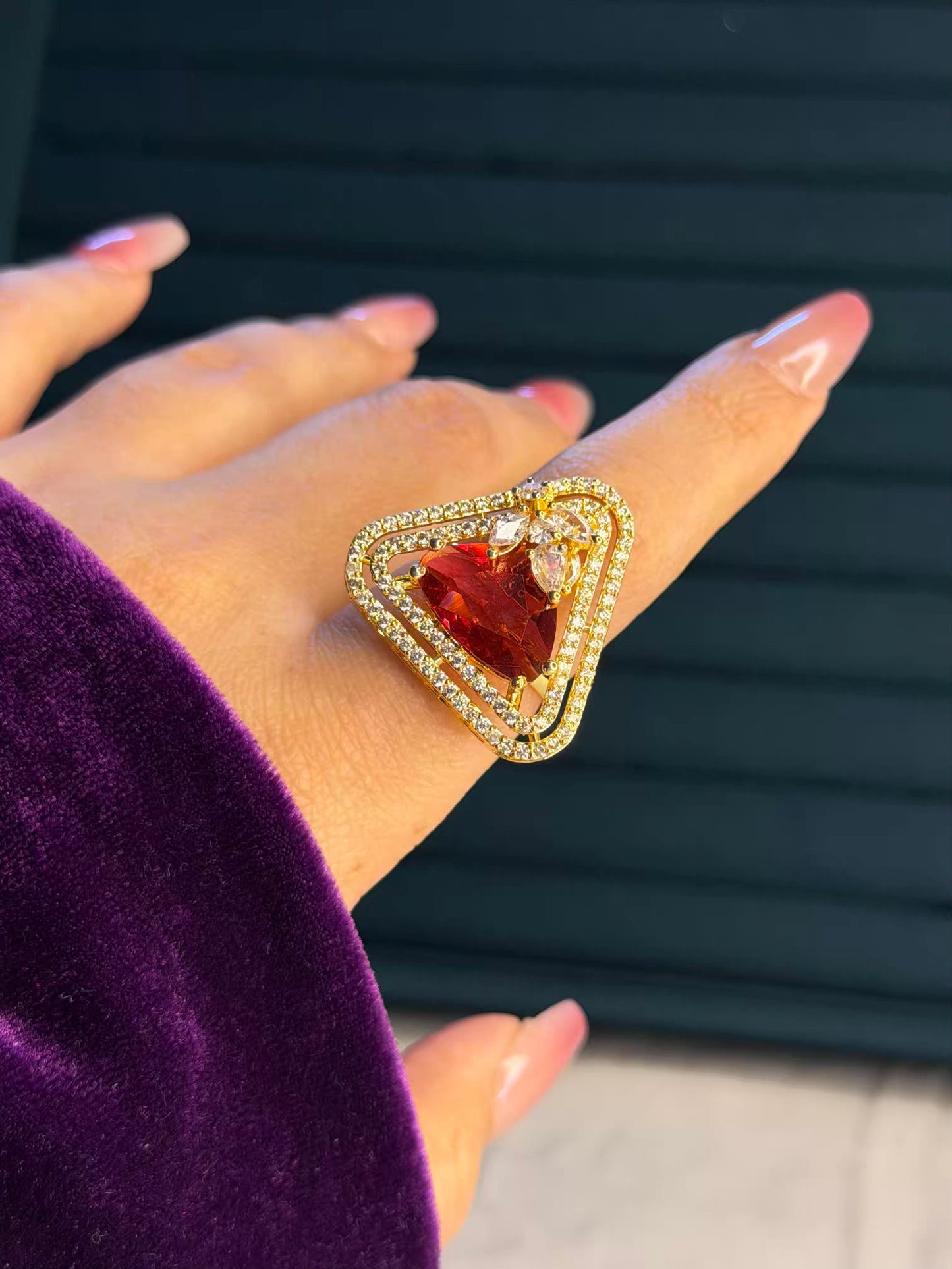 Red Triangle Stone Gold Plated Premium Ring (Adjustable)