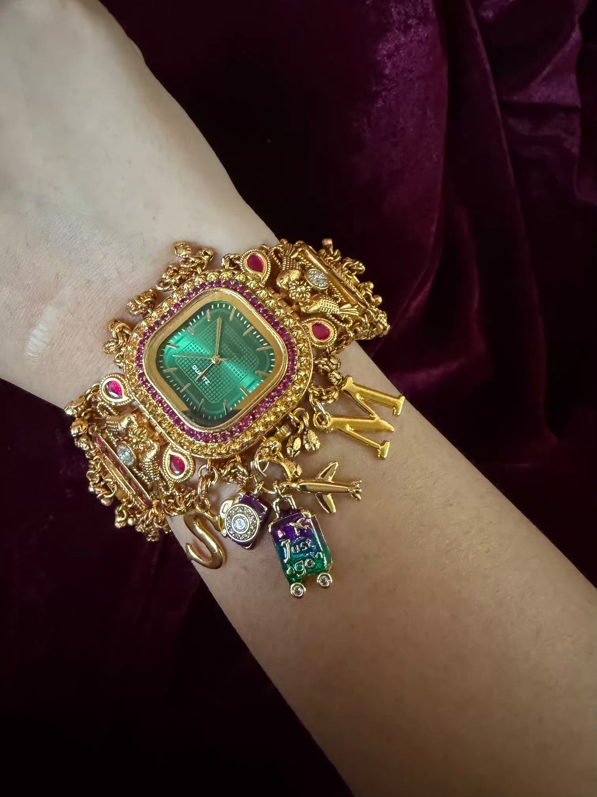 Emerald Green Stone Pink Halo Square Dial Maharani Watch Bracelet