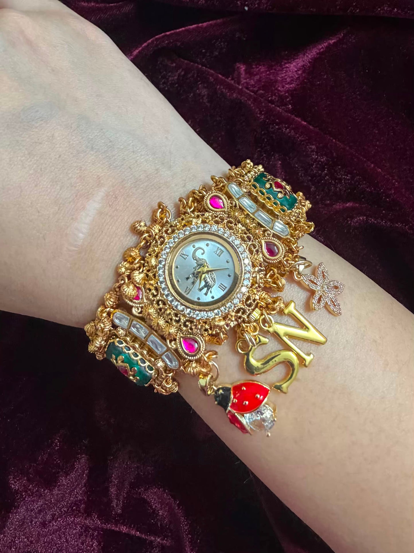 Bee Floral Emerald Meenakari Round Dial Luxury Watch Rakhi (Free Initial)