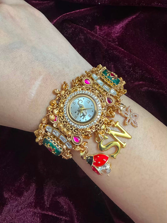 Bee Floral Emerald Meenakari Round Dial Luxury Watch Rakhi (Free Initial)