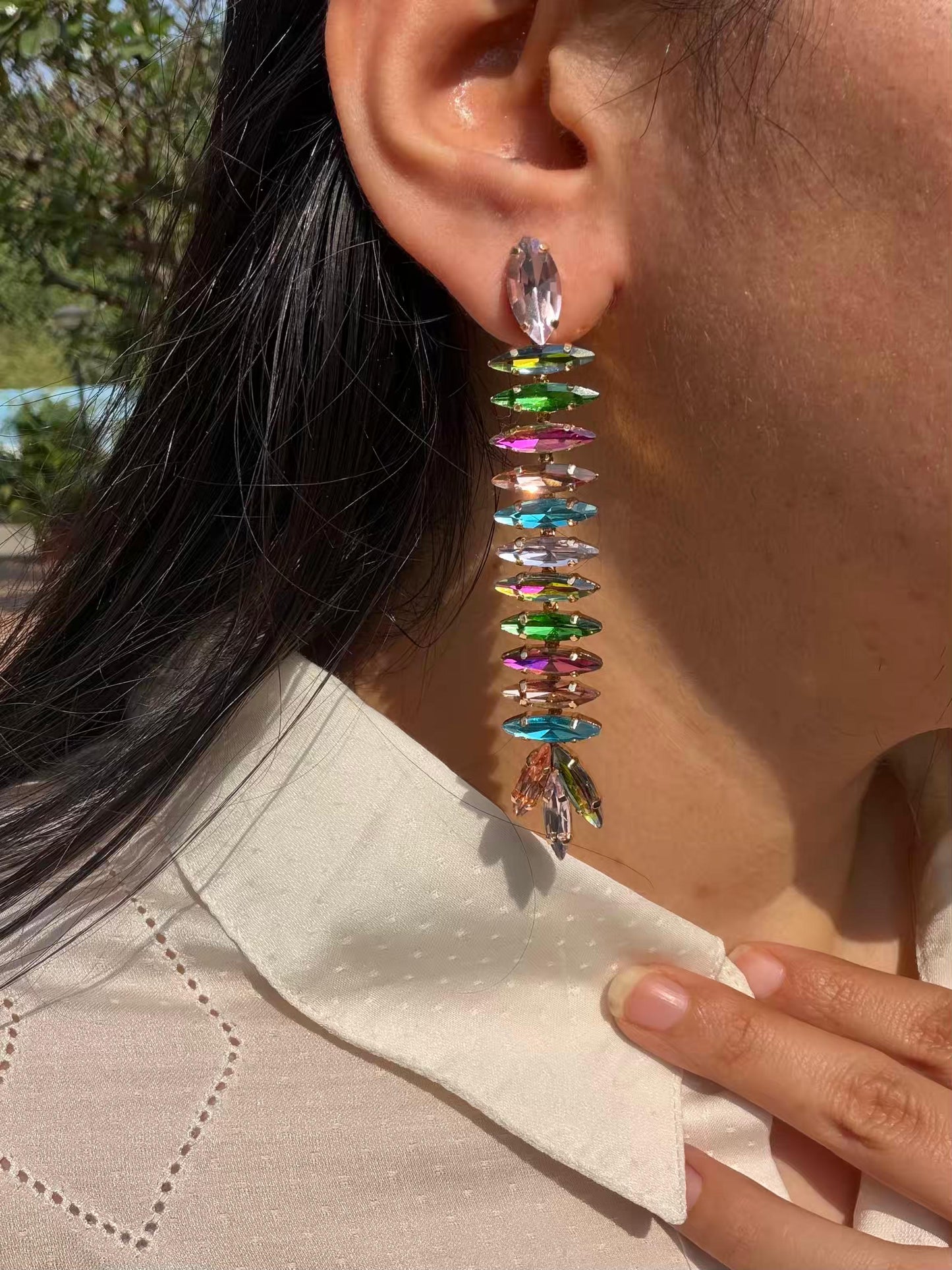 Long Stone Chain Multicolour Gold Plated Earrings