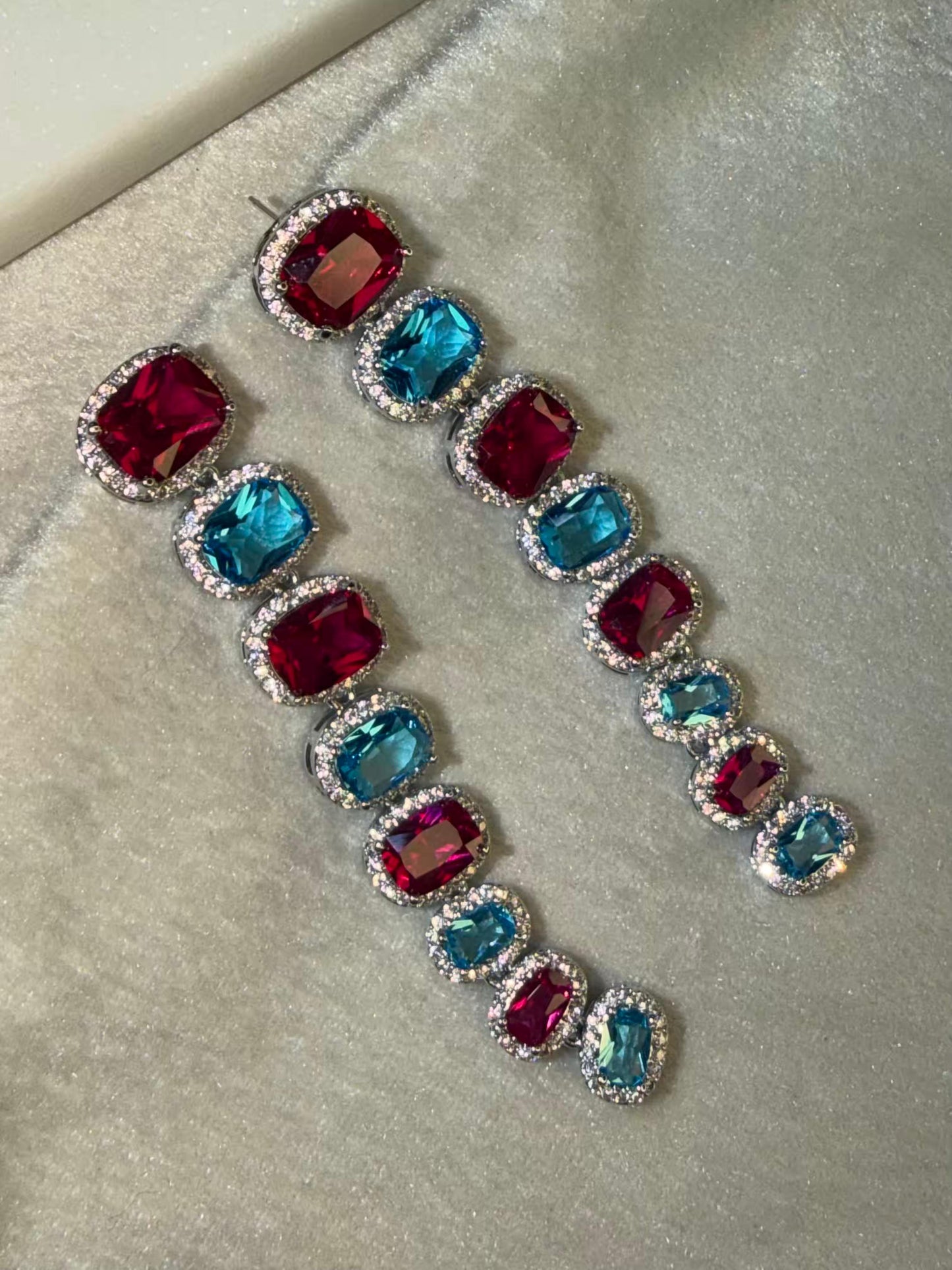 Red and Aqua Stones Luxury Party Wedding Rhodium Silver Plating Earrings