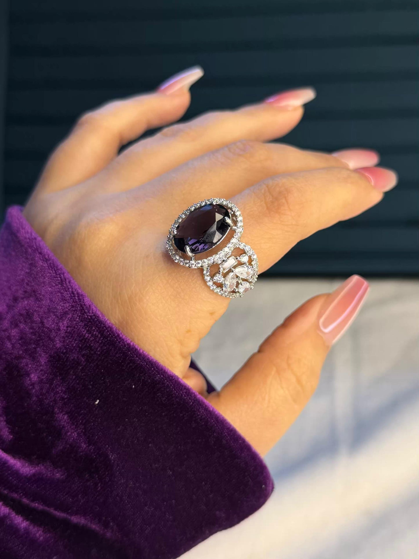 Purple Oval Stone Silver Plated Premium Ring (Adjustable)