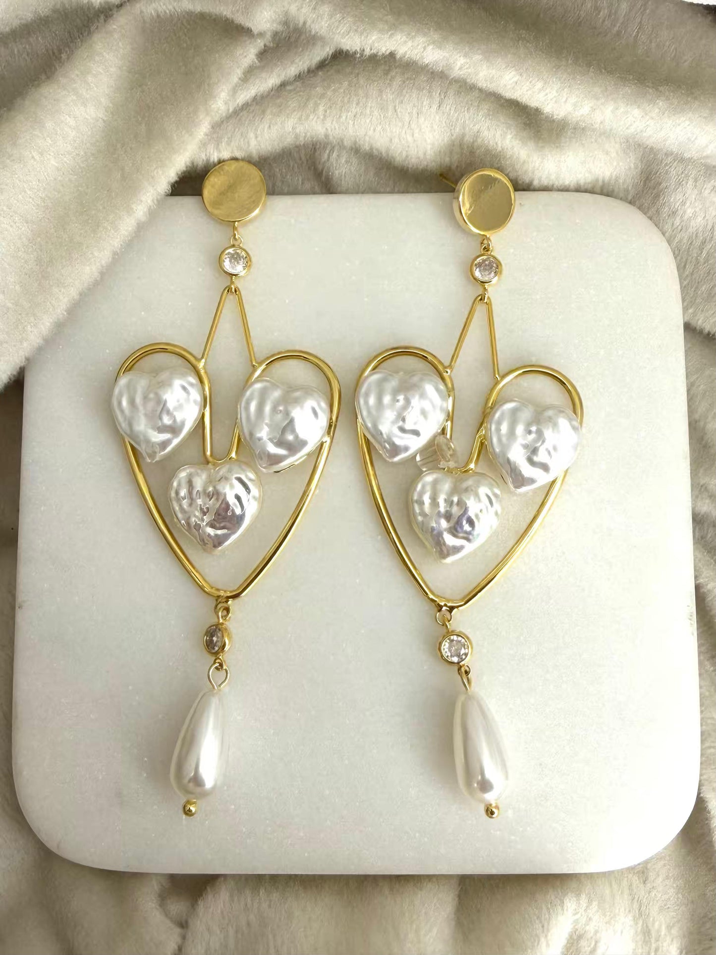Golden White Heart Shaped Gold Plated Earrings