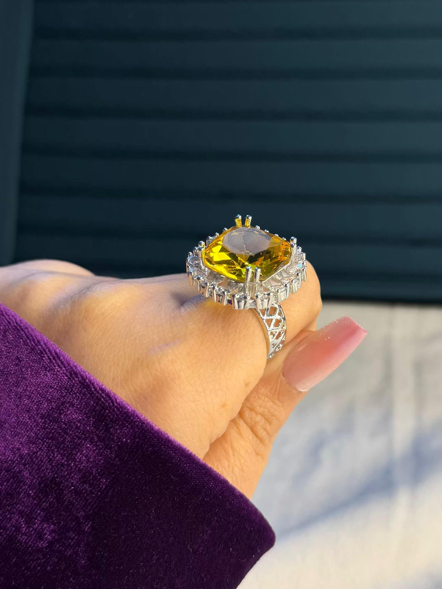 Golden Square Big Statement Silver Plated Premium Ring (Adjustable)