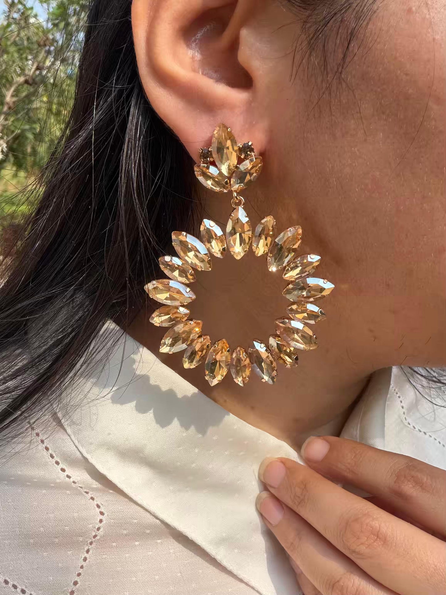 Flower Long Hoop Gold Plated Earrings