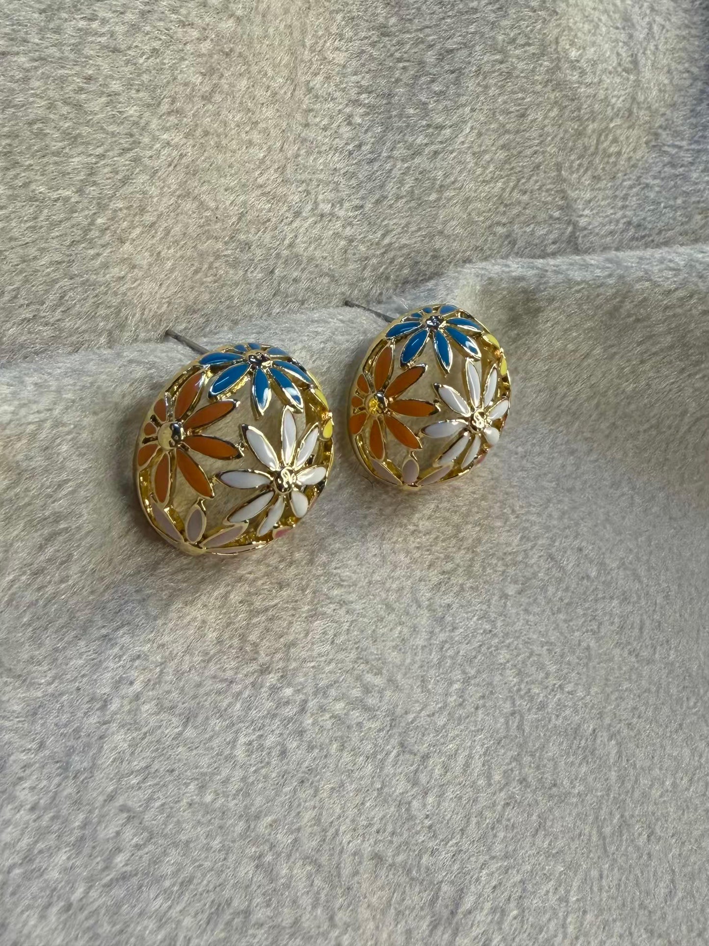 Multicolour Enamel Floral Dome Stud Gold Plated Earrings