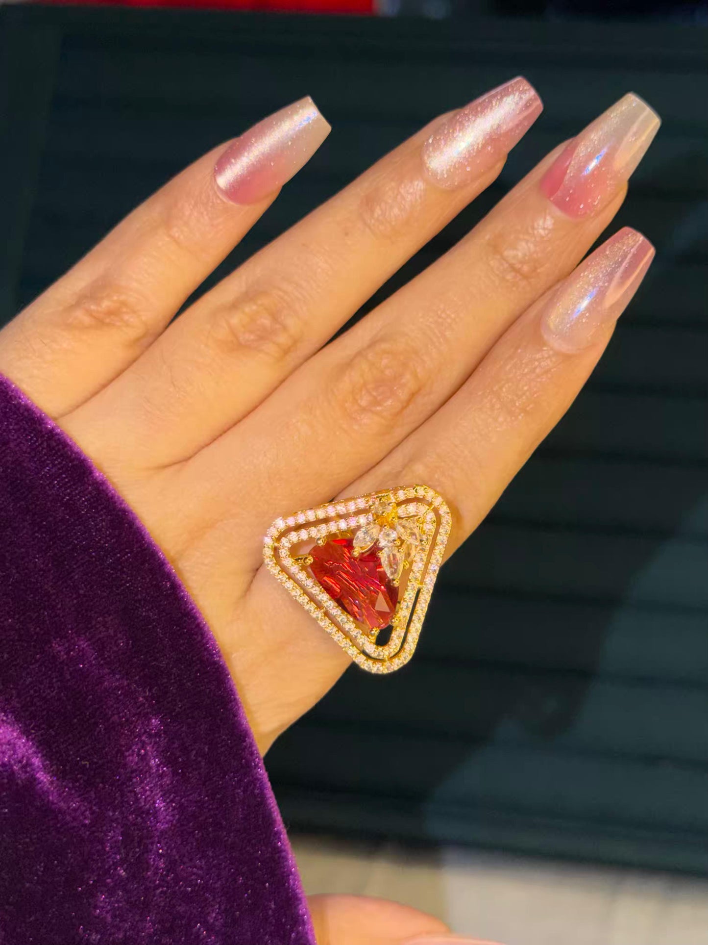 Red Triangle Stone Gold Plated Premium Ring (Adjustable)