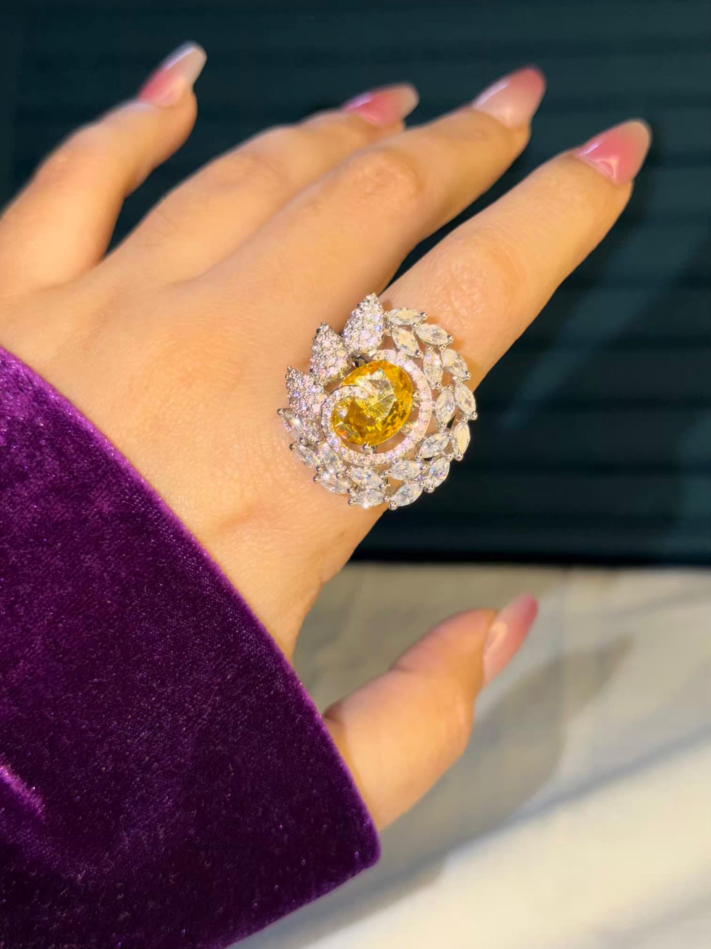 Golden Solara Bloom Silver Plated Premium Ring (Adjustable)