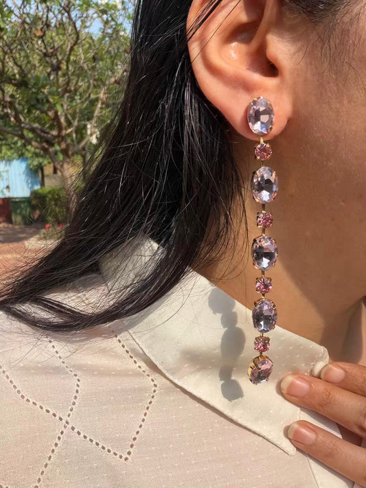 Rose Colour Stones Long Gold Plated Earrings