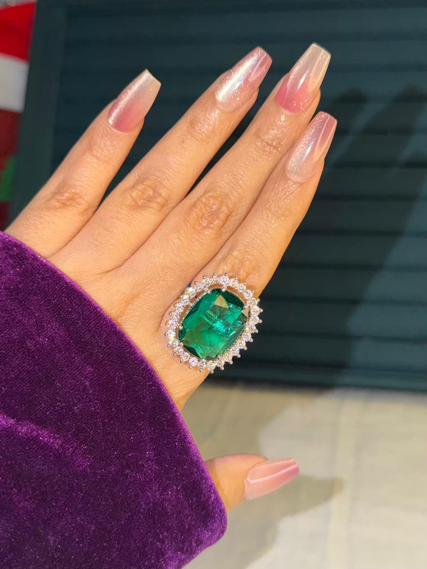 Emerald Green Big Stone Statement Silver Plated Premium Ring (Adjustable)