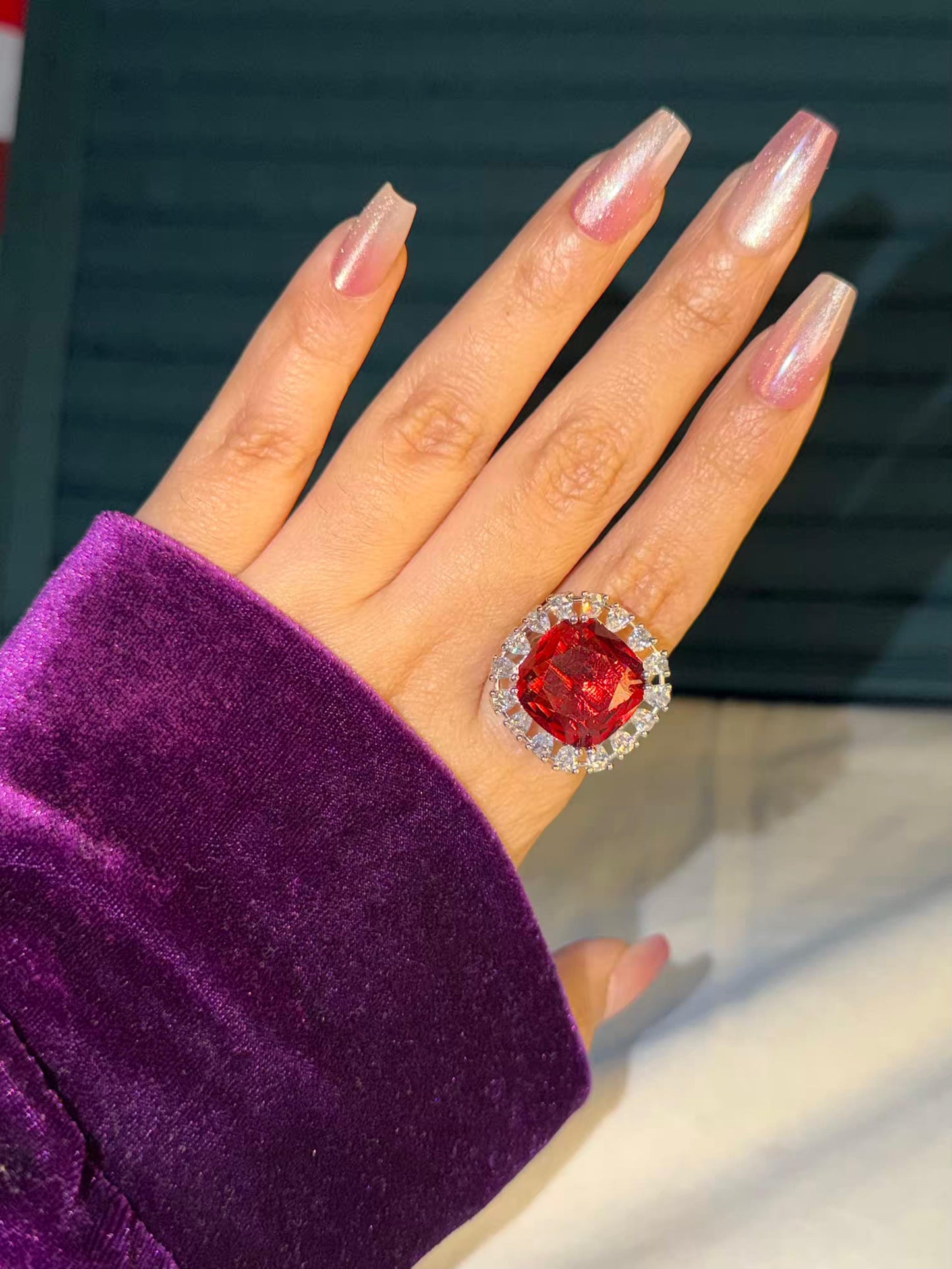 Red Square Statement Silver Plated Premium Ring (Adjustable)