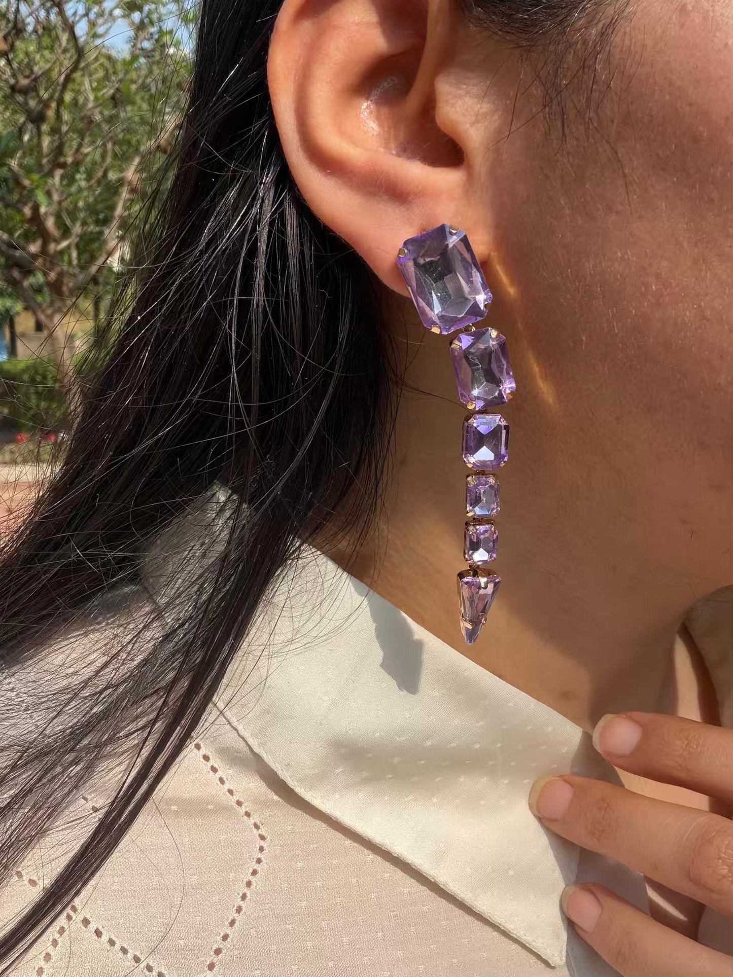 Purple Square Stones Long Gold Plated Earrings