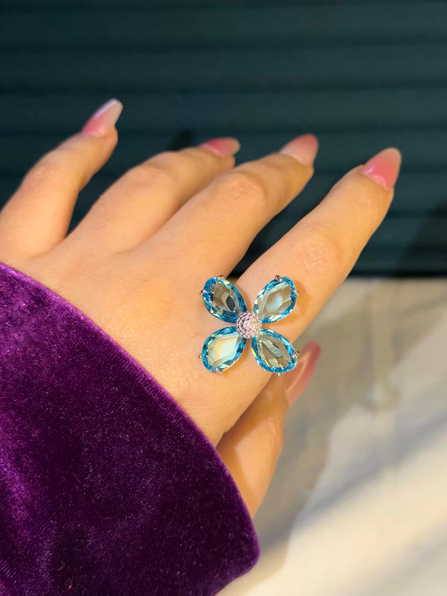 Light Blue Floral Silver Plated Premium Ring (Adjustable)