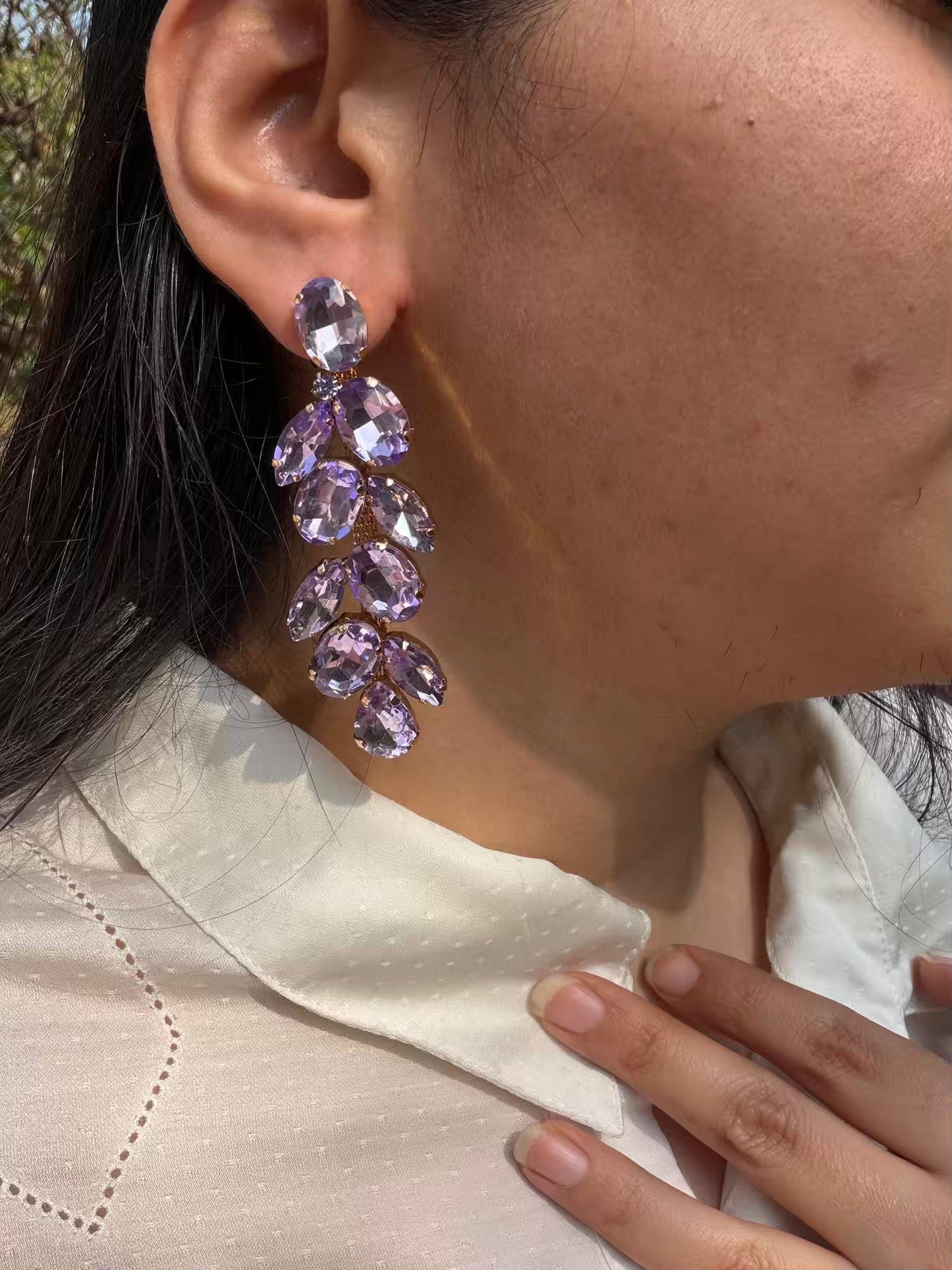 Purple Waterdrop Shaped Stones Long Gold Plated Earrings