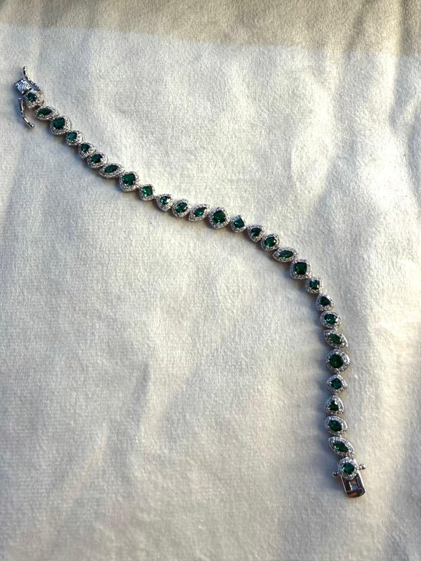 Emerald Halo Shaped Silver Plated Tennis Bracelet