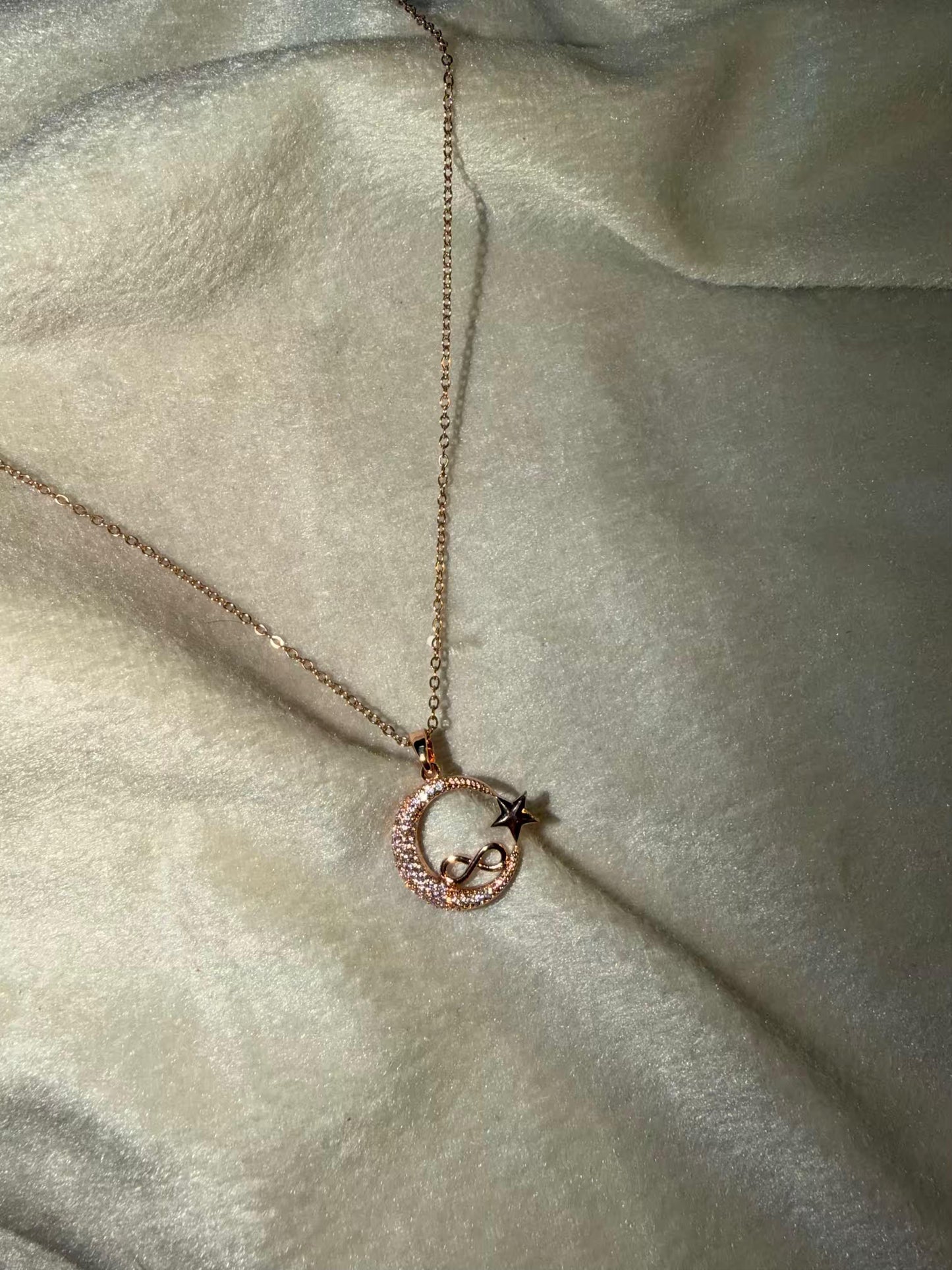 Rose Gold Moon & Star Infinity Pendant Chain Necklace Gold Plated Premium Necklace