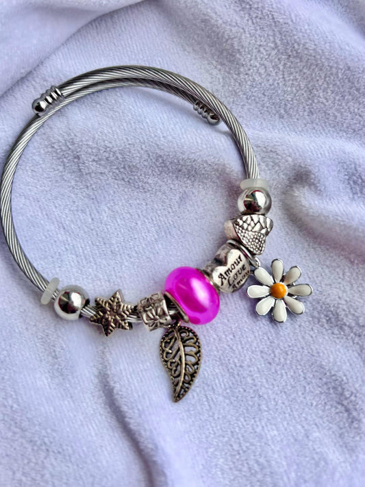 Pandora Charms Shiny Purple Flora Bracelet With Customised Initial ( Silver )