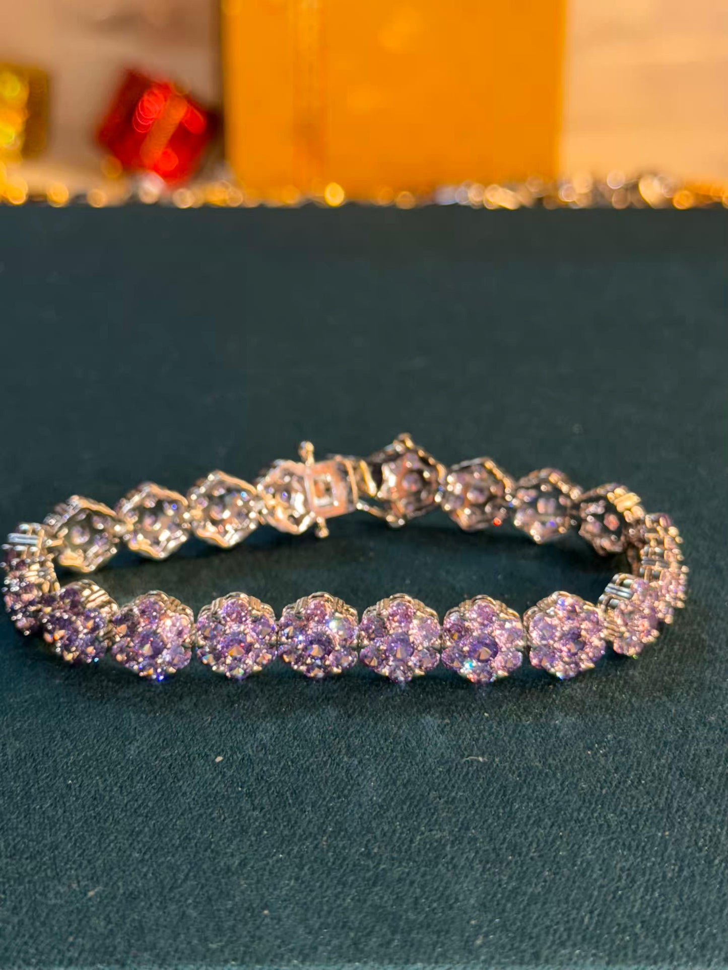 Purple Floral Cluster Silver Plated Tennis Bracelet