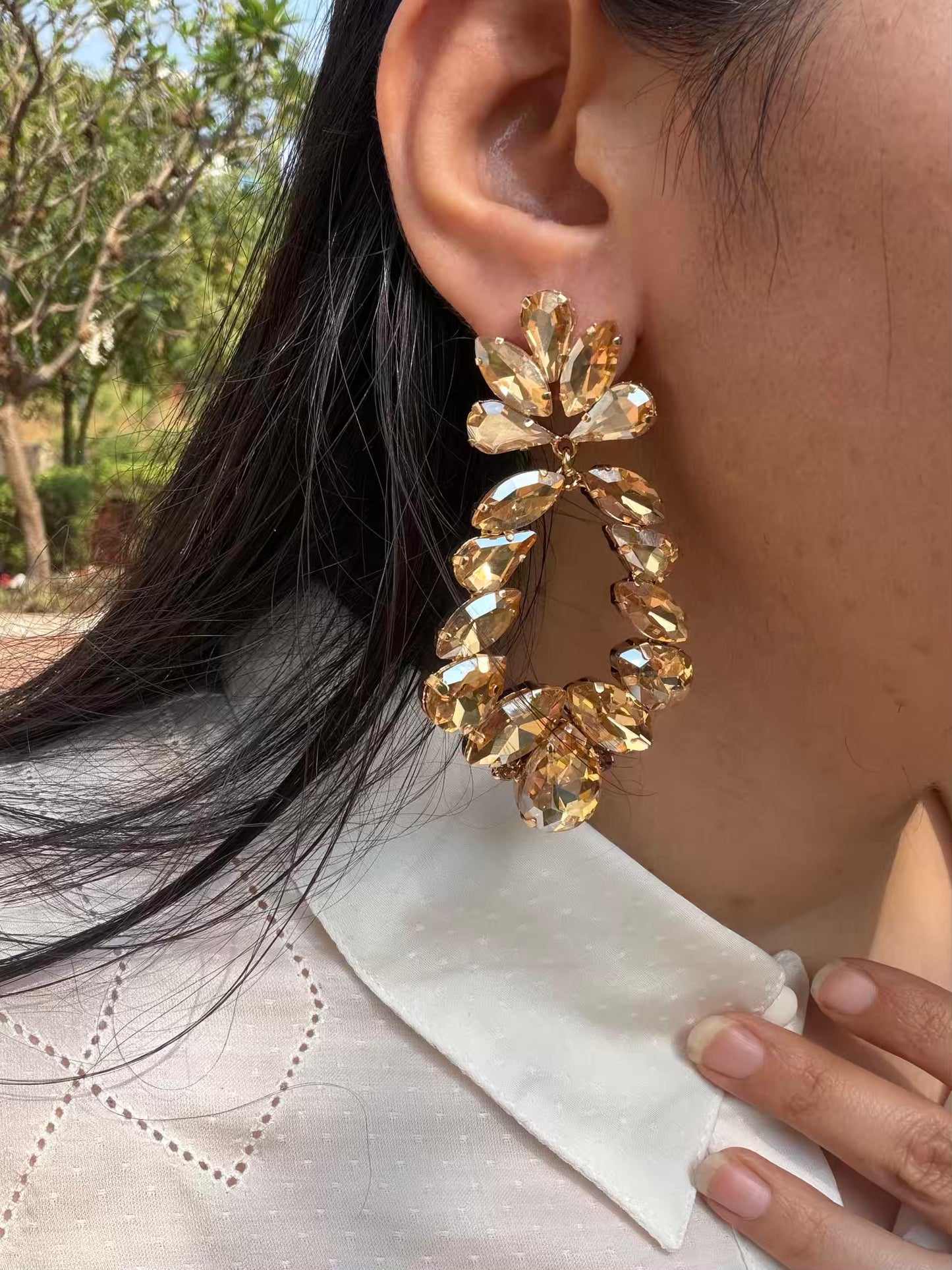 Golden Oval Shape Long Gold Plated Earrings